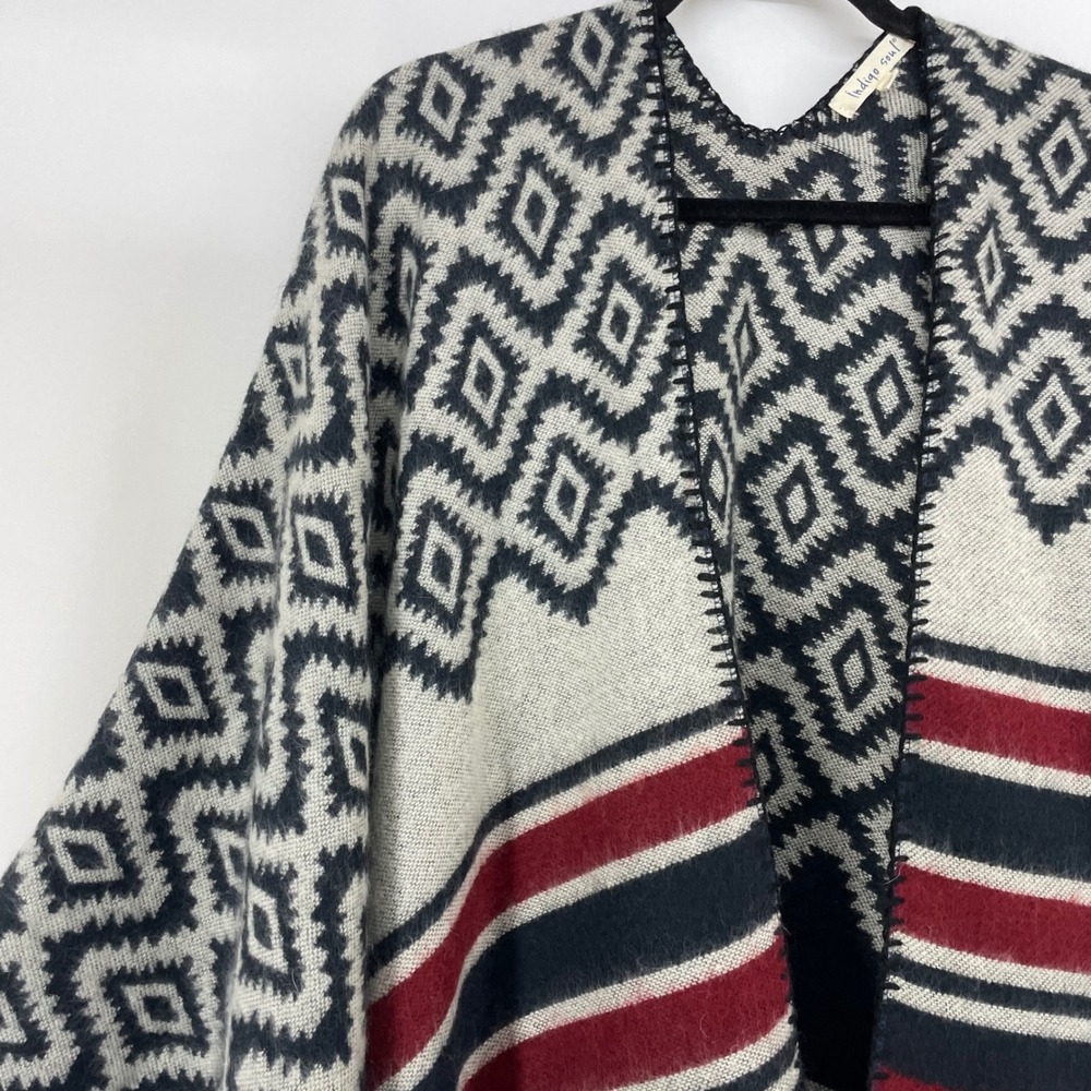 Indigo Soul Womens OS Poncho Wrap Red Navy Blue Southwestern Geometric Striped - Picture 2 of 7